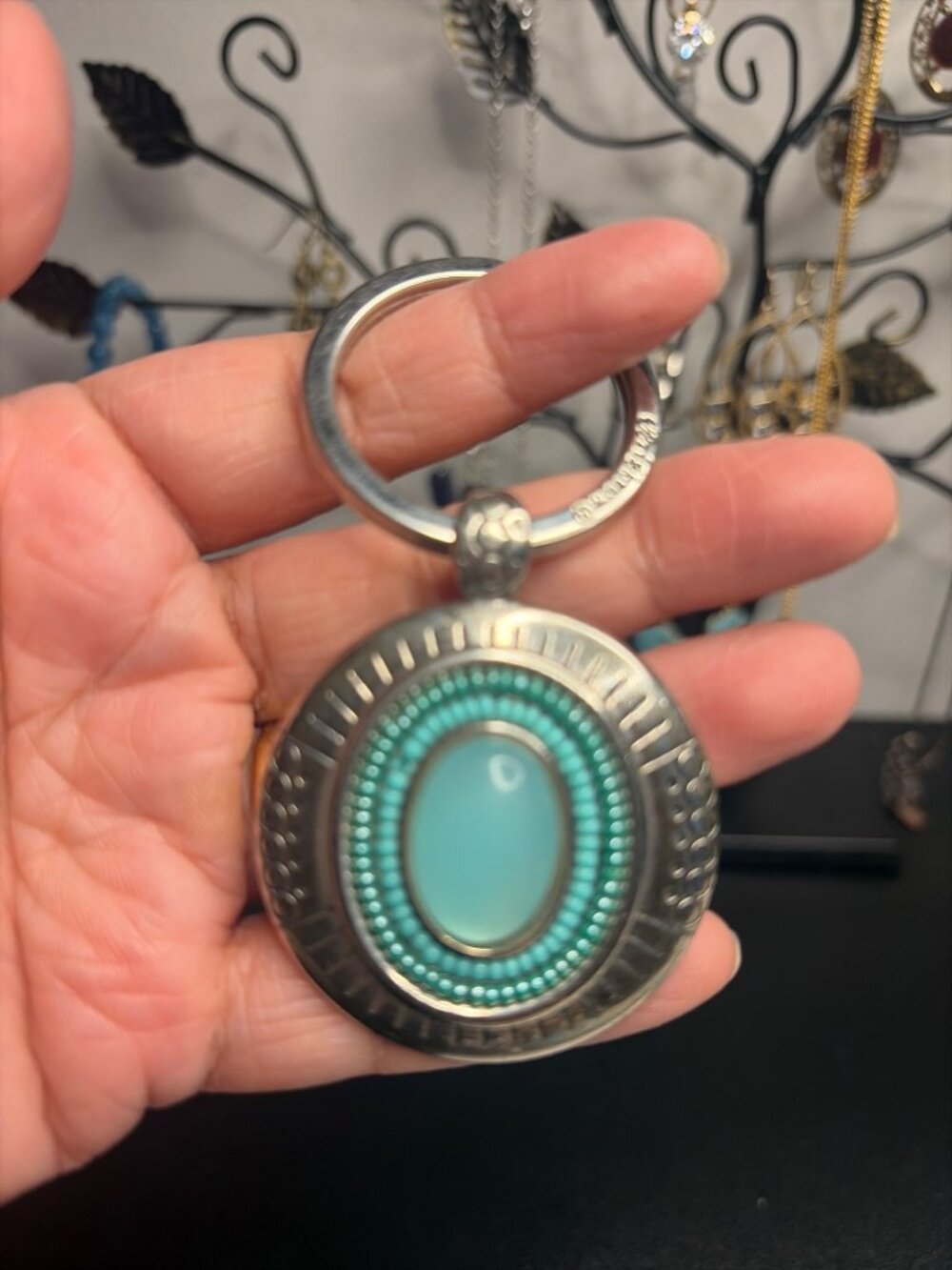 Brighton Silver Tone Faux Turquoise Round Keychain Key Ring